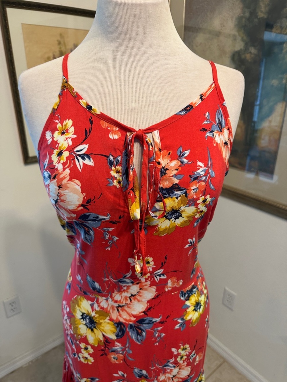 Band of Gypsies Red Floral Boho Maxi Dress w/Adjustable Straps Size Large - Picture 4 of 16